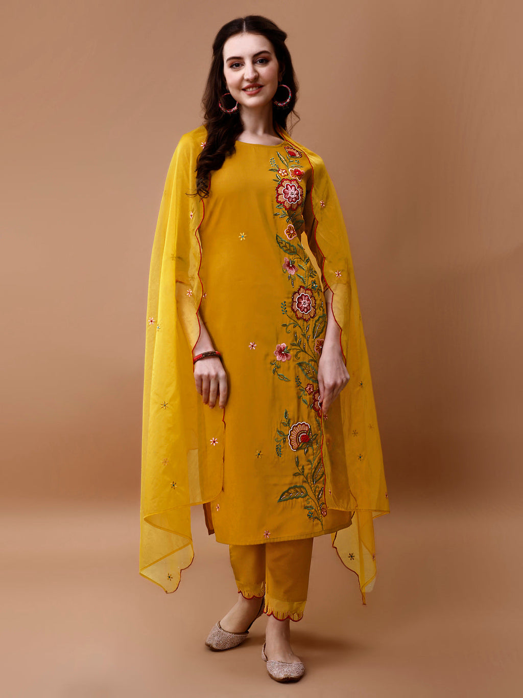 Hand Embroidered Kurta With Pant & Embroidered Organza Dupatta, Multicolor - Hiral Fashion | Grocsy