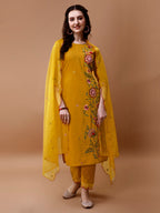 Hand Embroidered Kurta With Pant & Embroidered Organza Dupatta, Multicolor - Hiral Fashion | Grocsy
