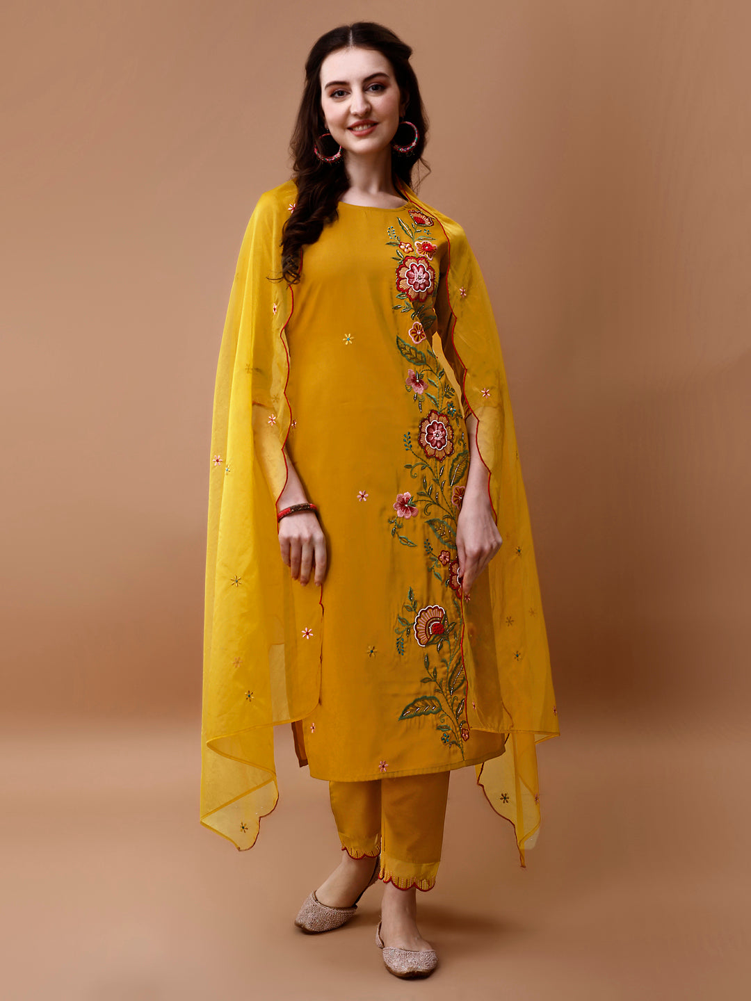 Hand Embroidered Kurta With Pant & Embroidered Organza Dupatta, Multicolor - Hiral Fashion | Grocsy