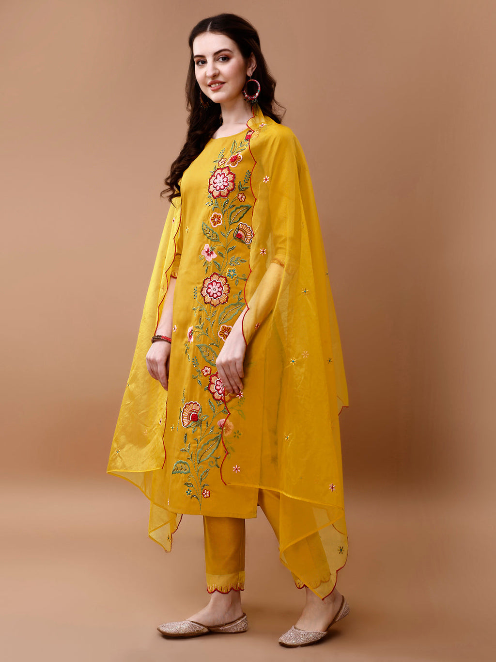 Hand Embroidered Kurta With Pant & Embroidered Organza Dupatta, Multicolor - Hiral Fashion | Grocsy