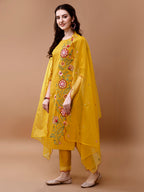 Hand Embroidered Kurta With Pant & Embroidered Organza Dupatta, Multicolor - Hiral Fashion | Grocsy