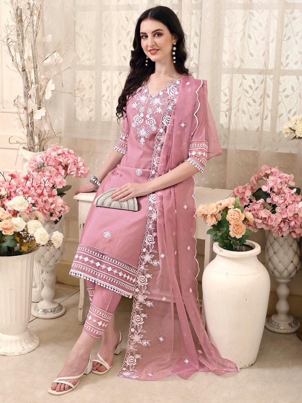 Pakistani Embroidered Kurta With Pant & Embroidered Dupatta, Multicolor - Hiral Fashion | Grocsy