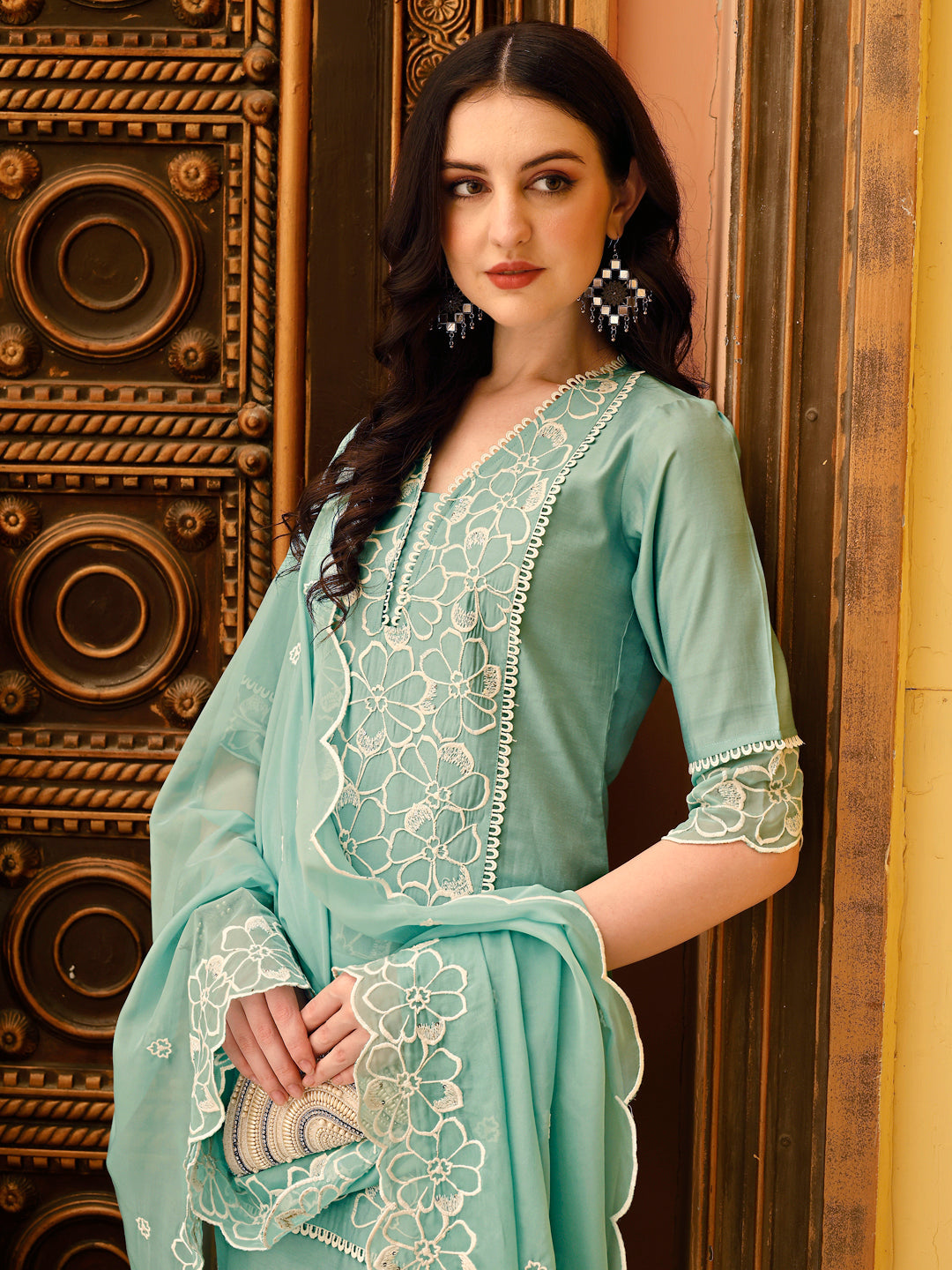 Pakistani Embroidered Kurta With Pant & Embroidered Dupatta, Green - Hiral Fashion | Grocsy
