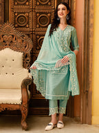 Pakistani Embroidered Kurta With Pant & Embroidered Dupatta, Green - Hiral Fashion | Grocsy