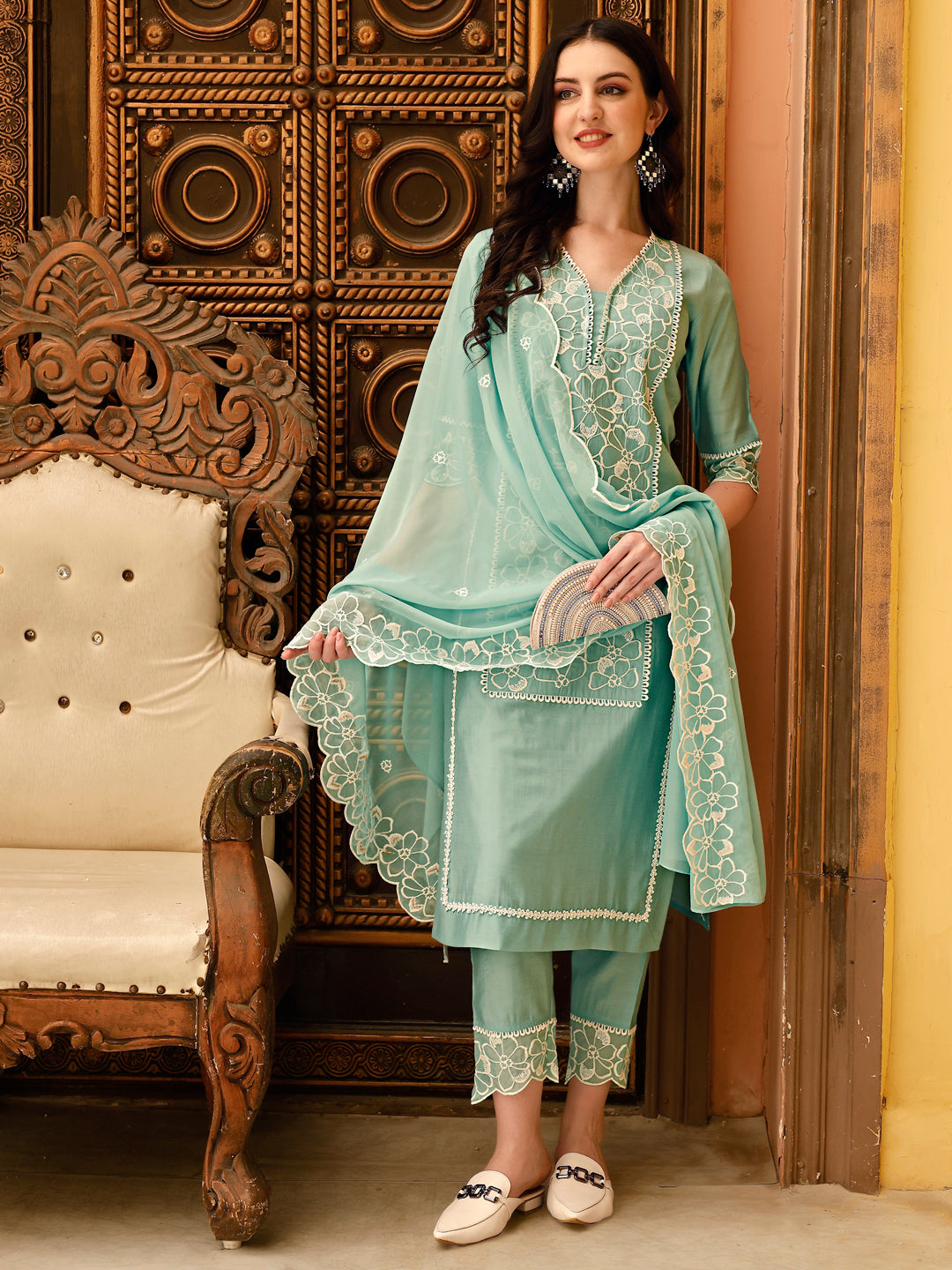 Pakistani Embroidered Kurta With Pant & Embroidered Dupatta, Green - Hiral Fashion | Grocsy