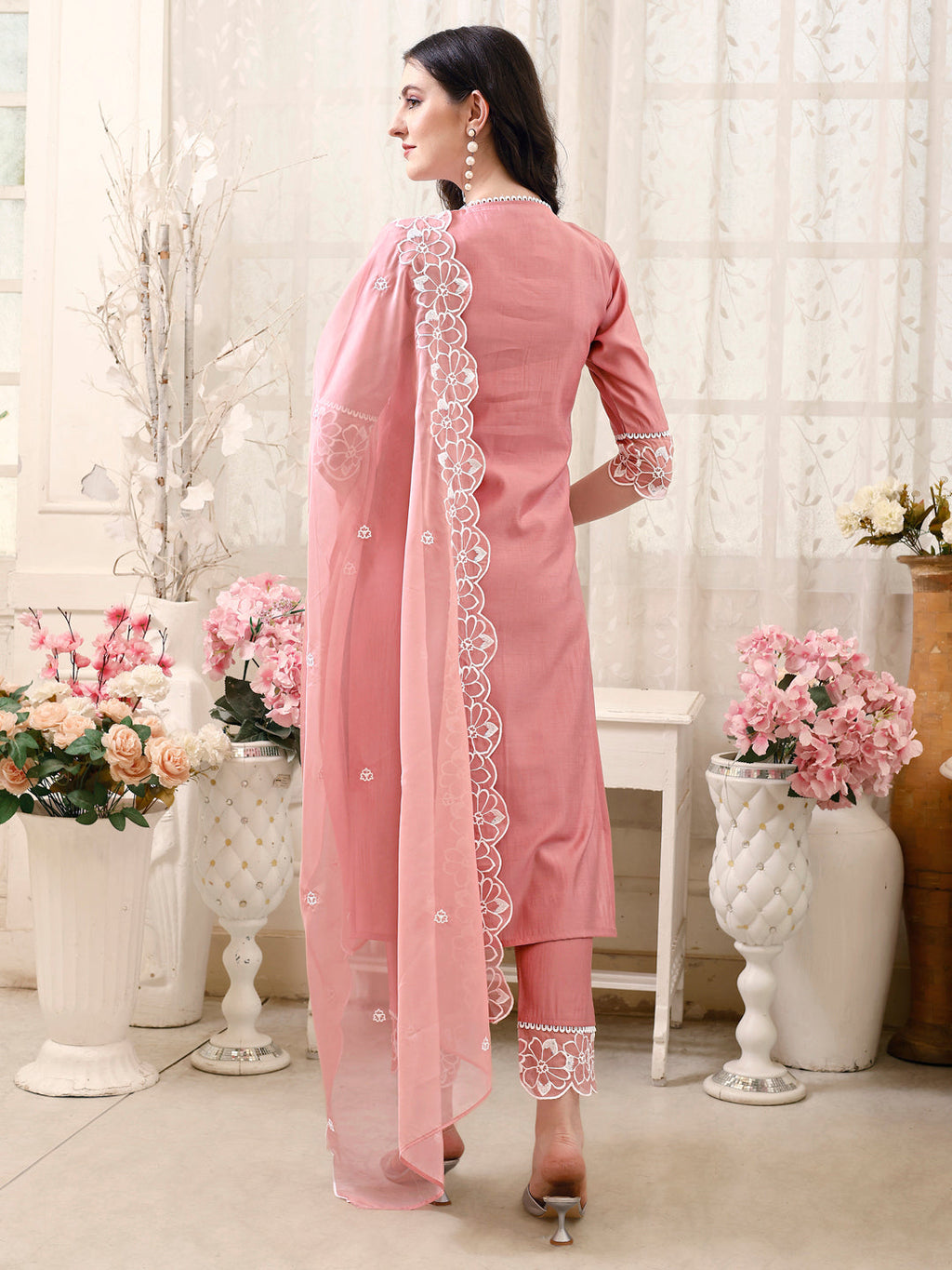 Pakistani Embroidered Kurta With Pant & Embroidered Dupatta, Peach - Hiral Fashion | Grocsy
