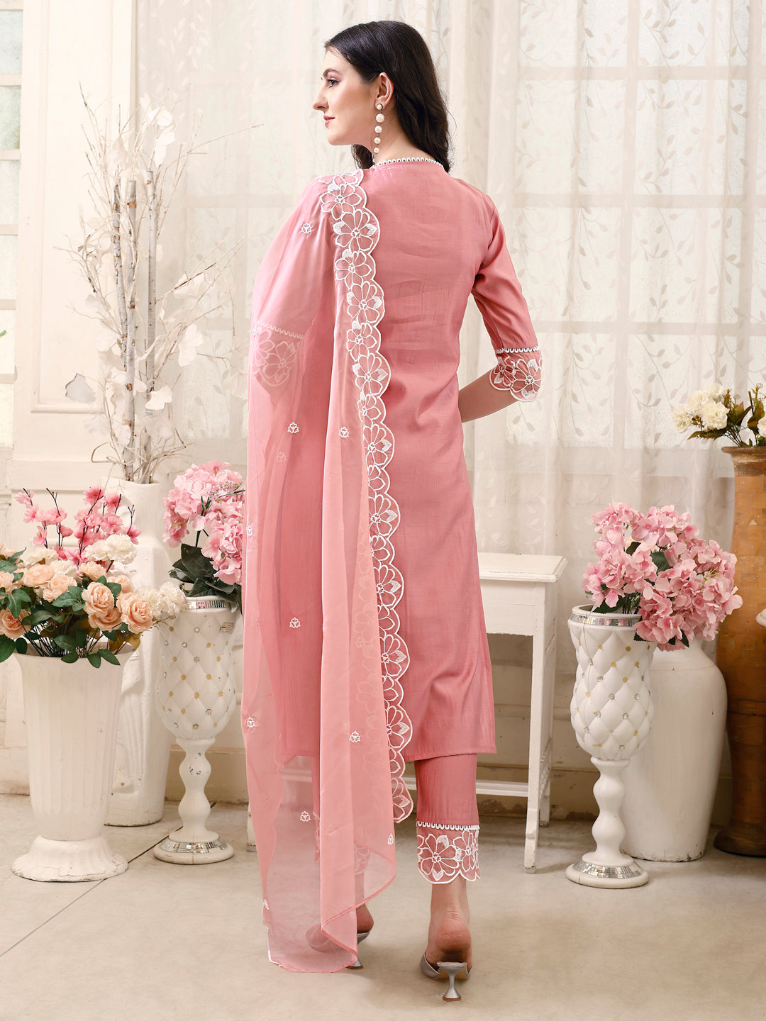 Pakistani Embroidered Kurta With Pant & Embroidered Dupatta, Peach - Hiral Fashion | Grocsy