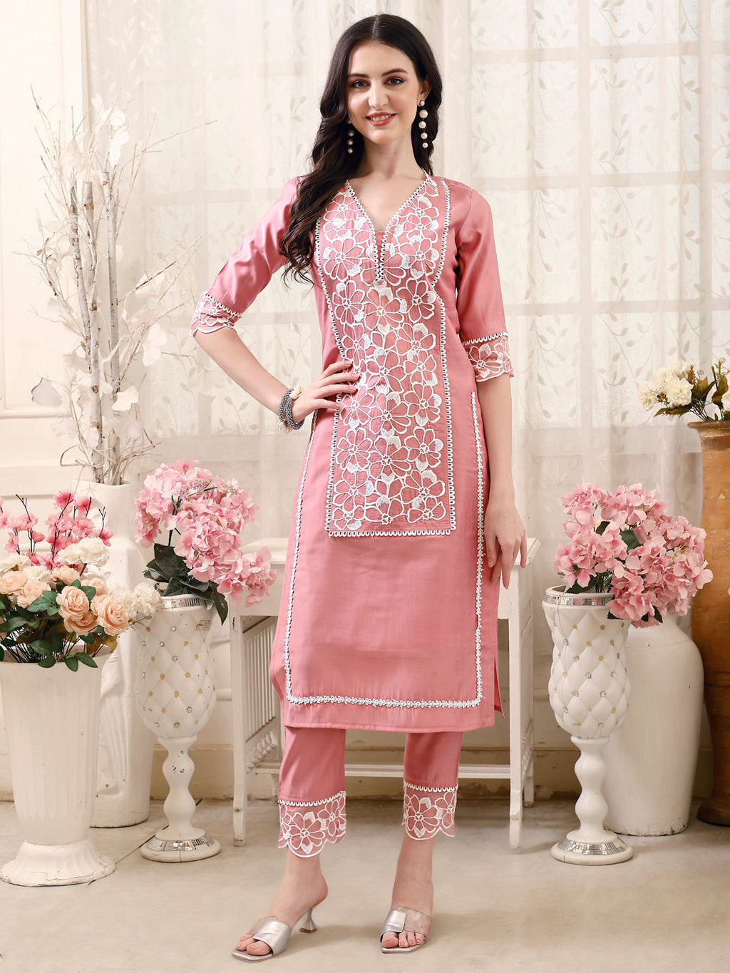 Pakistani Embroidered Kurta With Pant & Embroidered Dupatta, Peach - Hiral Fashion | Grocsy