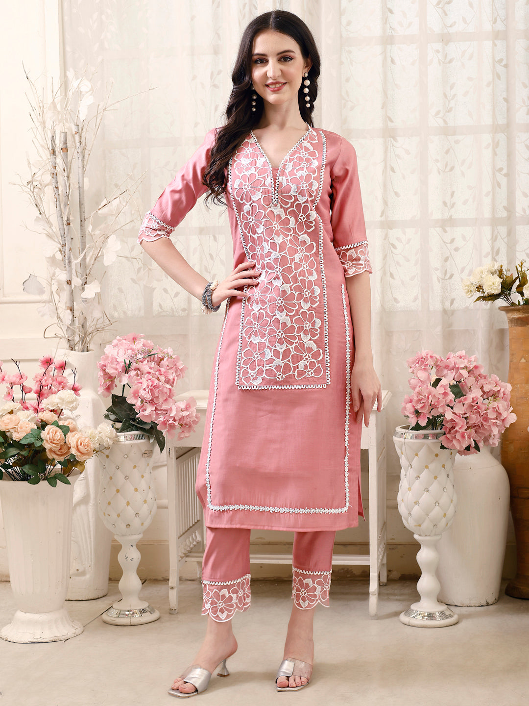 Pakistani Embroidered Kurta With Pant & Embroidered Dupatta, Peach - Hiral Fashion | Grocsy