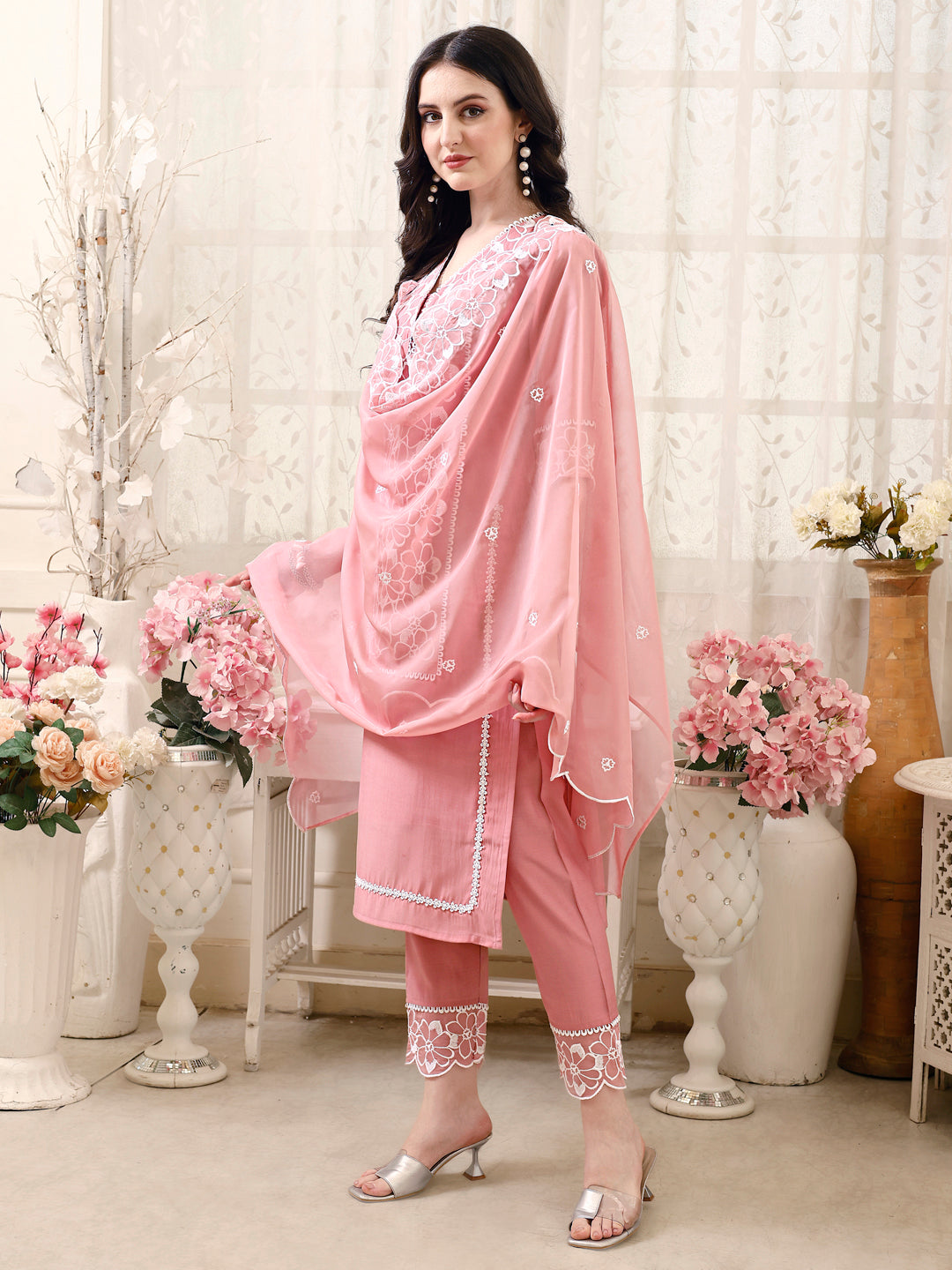 Pakistani Embroidered Kurta With Pant & Embroidered Dupatta, Peach - Hiral Fashion | Grocsy