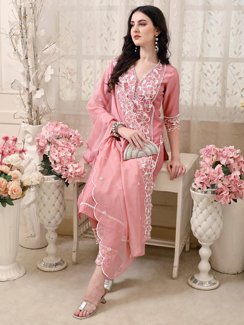 Pakistani Embroidered Kurta With Pant & Embroidered Dupatta, Peach - Hiral Fashion | Grocsy