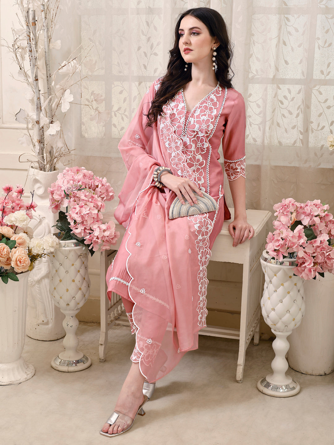 Pakistani Embroidered Kurta With Pant & Embroidered Dupatta, Peach - Hiral Fashion | Grocsy
