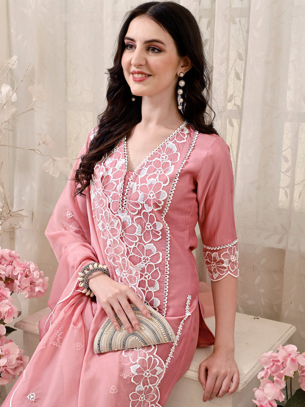 Pakistani Embroidered Kurta With Pant & Embroidered Dupatta, Peach - Hiral Fashion | Grocsy