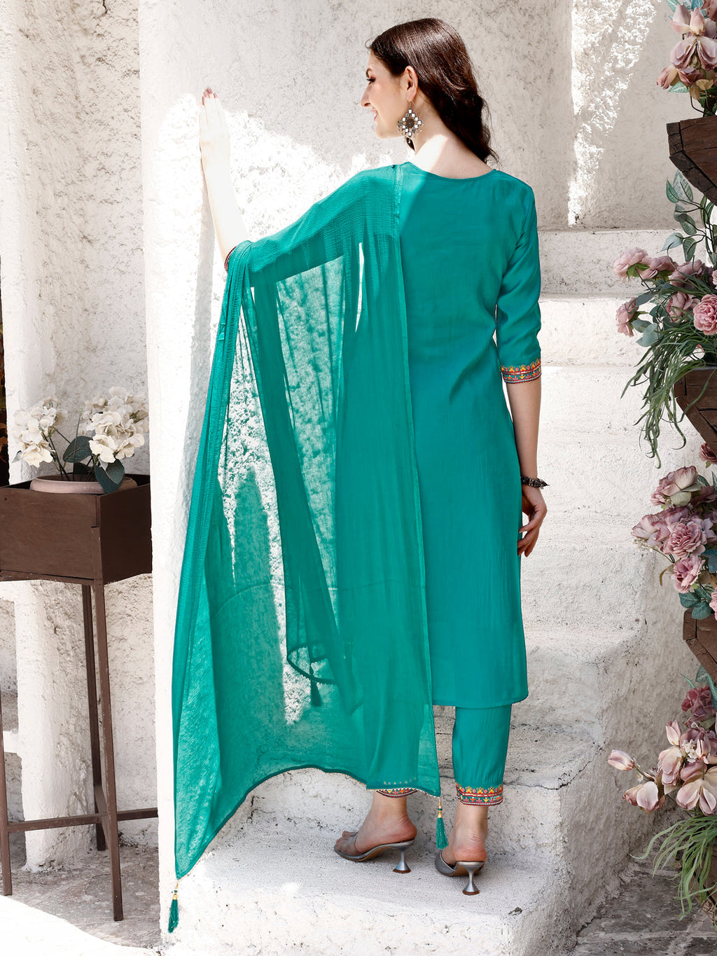 Embroidered Kurta With Pant & Dupatta, Green - Hiral Fashion | Grocsy