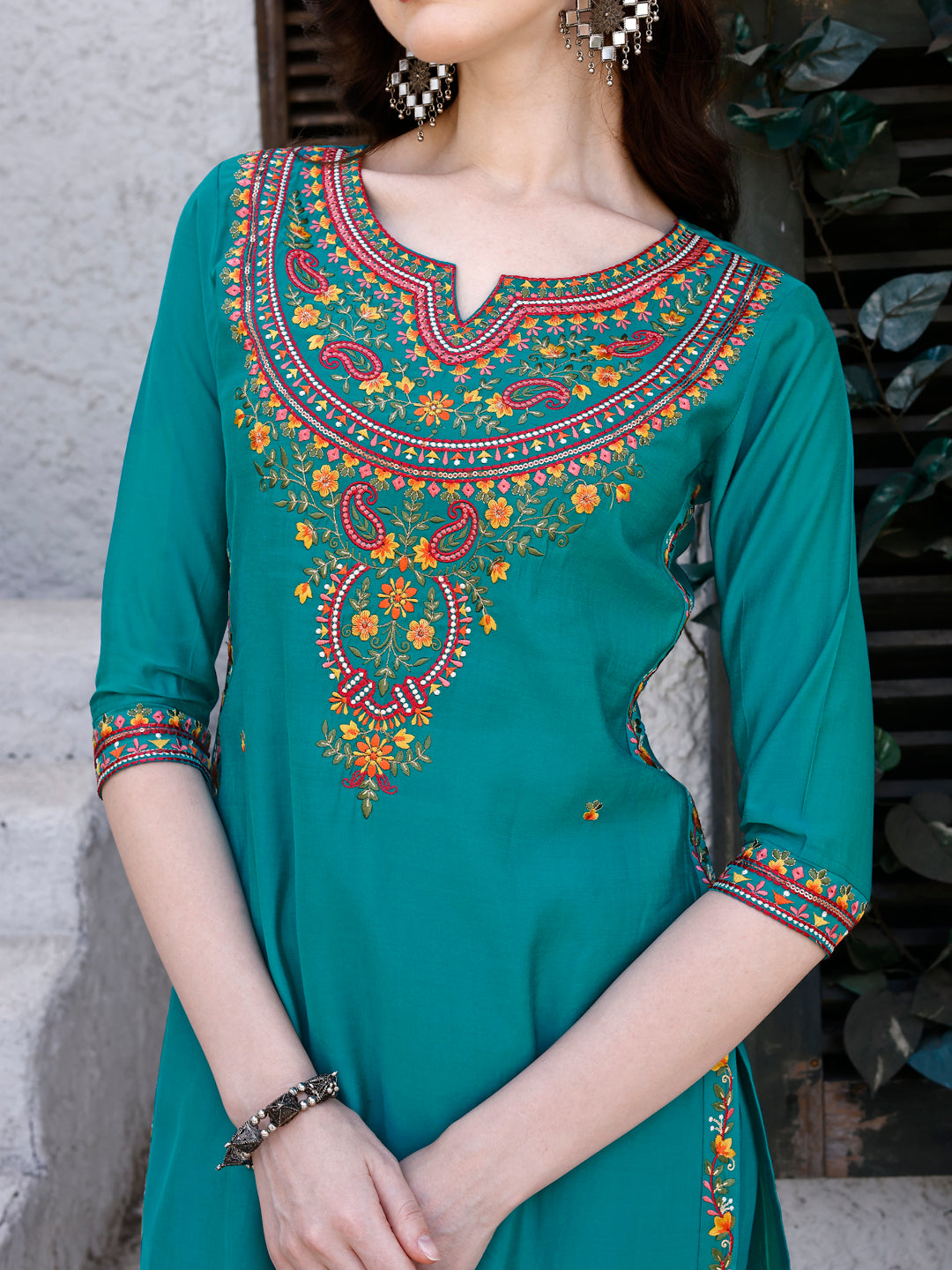 Embroidered Kurta With Pant & Dupatta, Green - Hiral Fashion | Grocsy