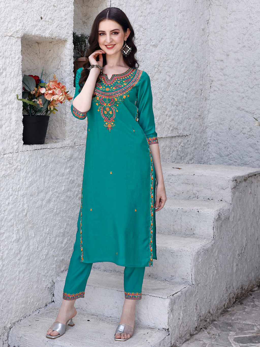 Embroidered Kurta With Pant & Dupatta, Green - Hiral Fashion | Grocsy