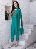 Embroidered Kurta With Pant & Dupatta, Green - Hiral Fashion | Grocsy