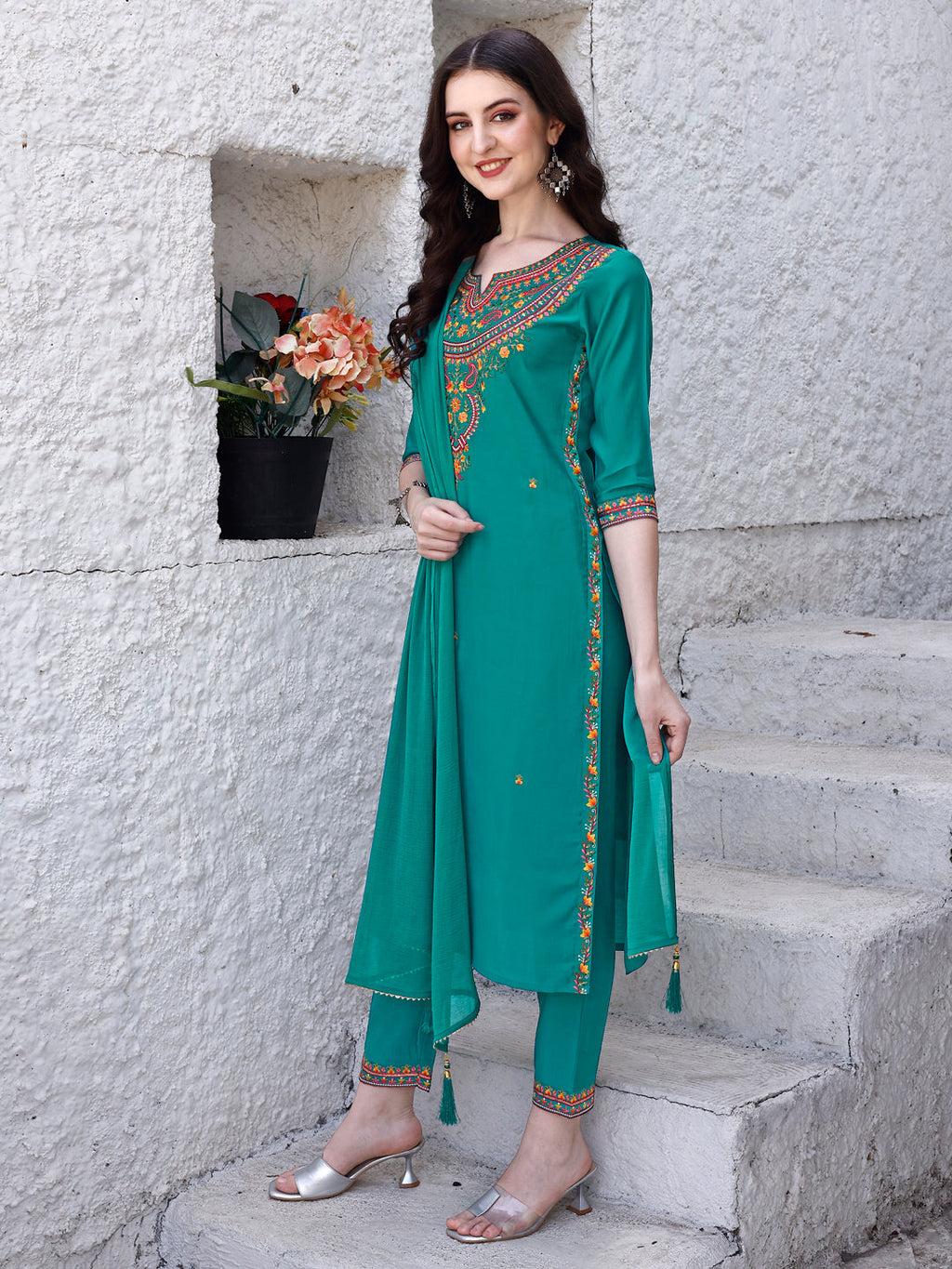 Embroidered Kurta With Pant & Dupatta, Green - Hiral Fashion | Grocsy