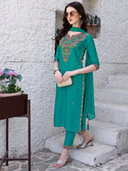 Embroidered Kurta With Pant & Dupatta, Green - Hiral Fashion | Grocsy