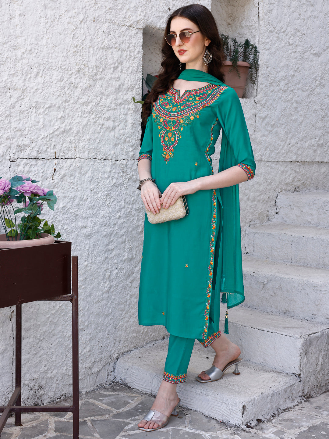 Embroidered Kurta With Pant & Dupatta, Green - Hiral Fashion | Grocsy