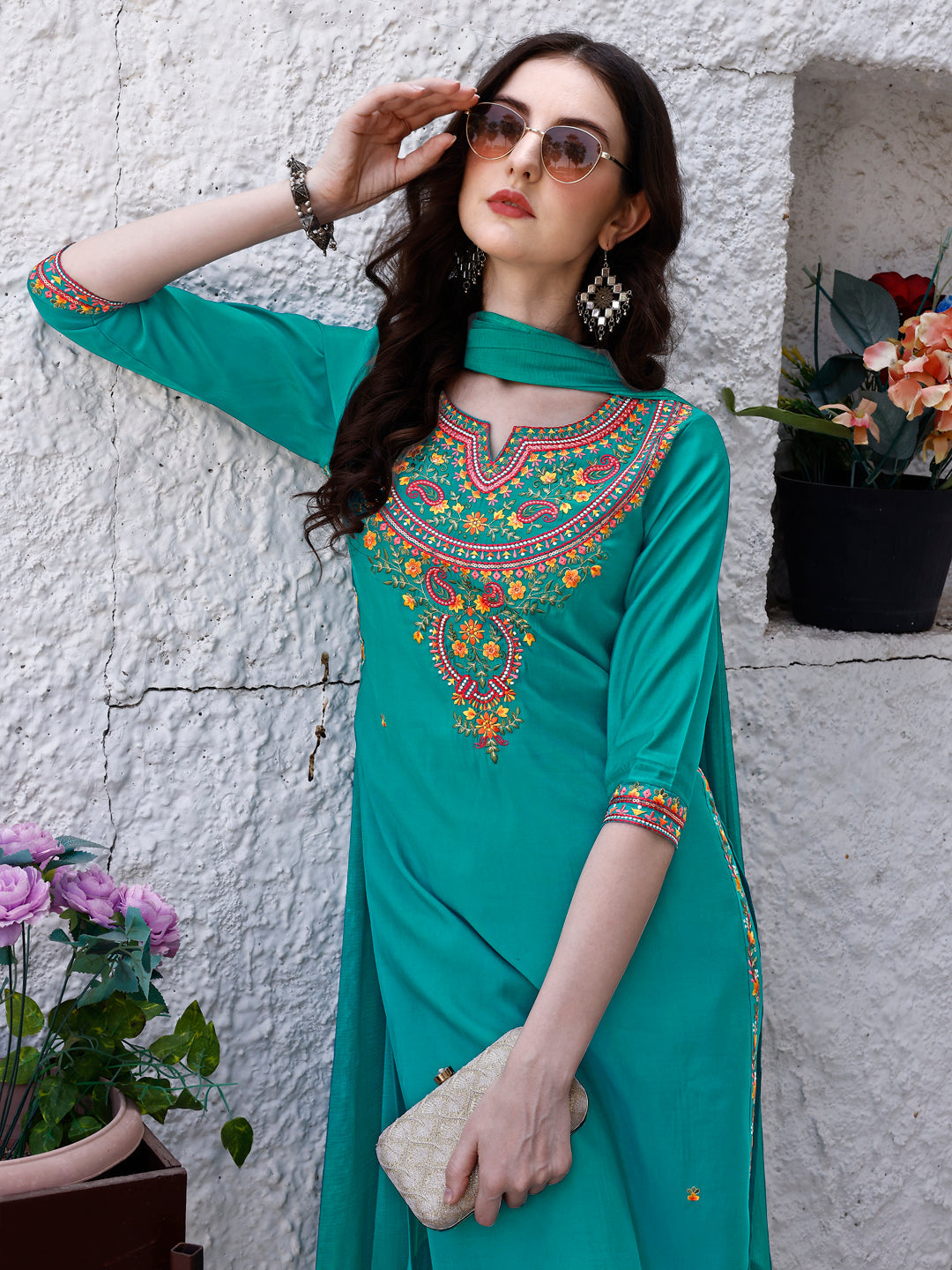 Embroidered Kurta With Pant & Dupatta, Green - Hiral Fashion | Grocsy