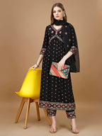 Alia Cut Mirror Embroidered Kurta With Embroidered Pant & Dupatta, Black - Hiral Fashion | Grocsy