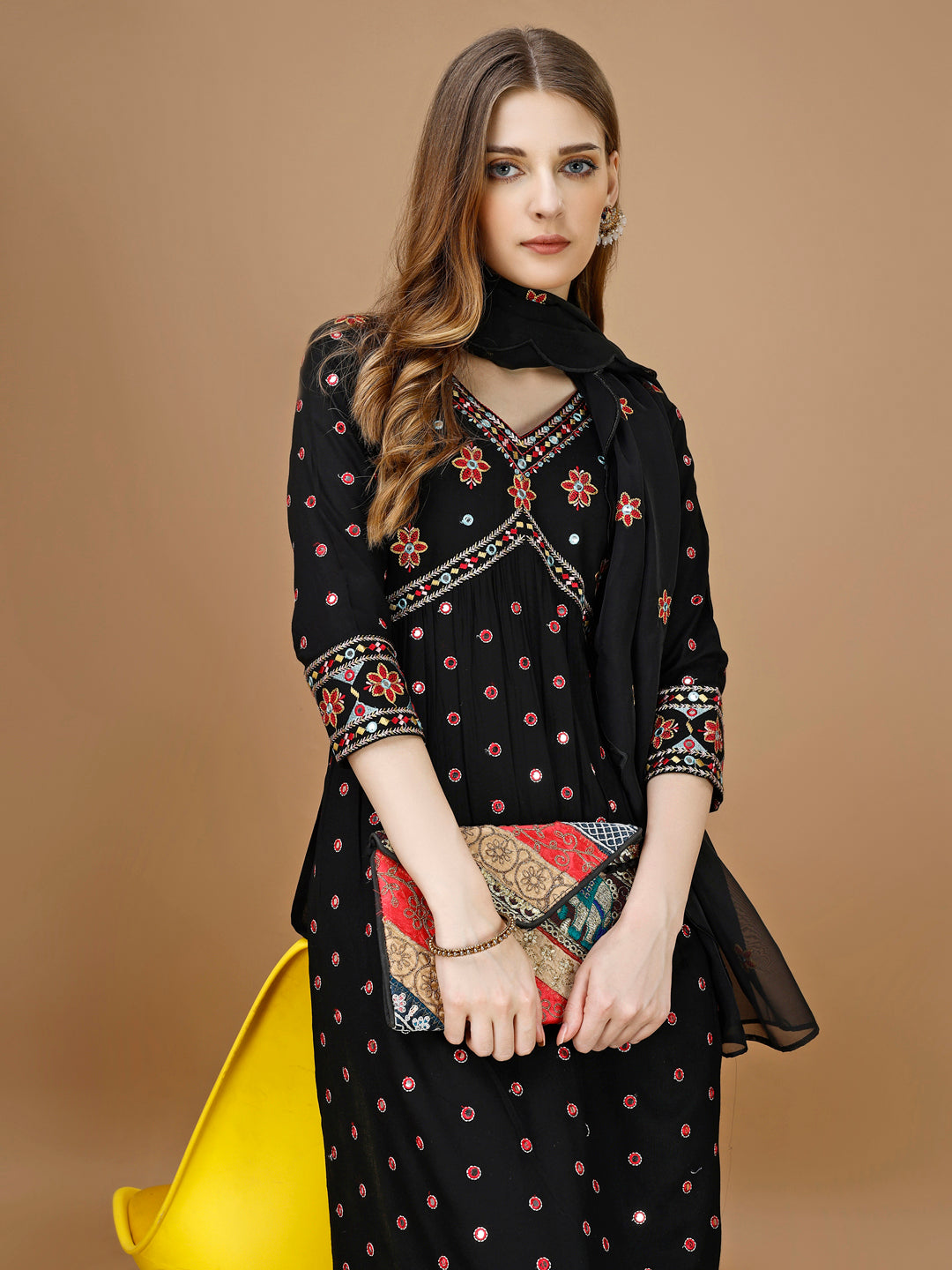 Alia Cut Mirror Embroidered Kurta With Embroidered Pant & Dupatta, Black - Hiral Fashion | Grocsy