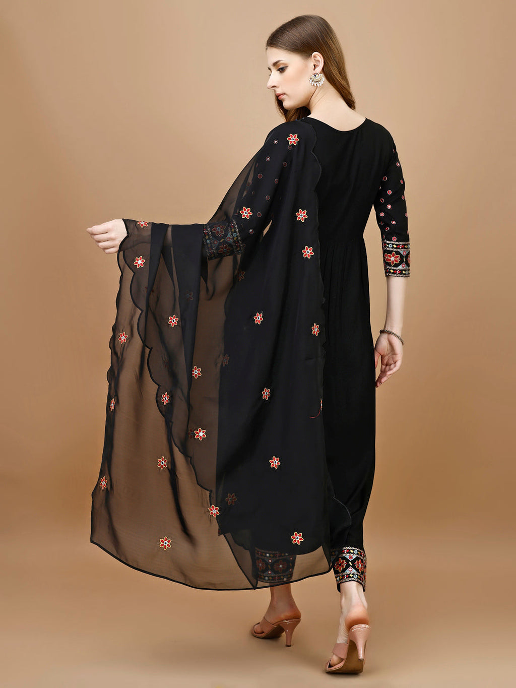 Alia Cut Mirror Embroidered Kurta With Embroidered Pant & Dupatta, Black - Hiral Fashion | Grocsy