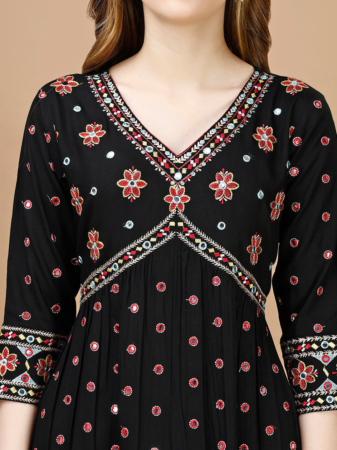 Alia Cut Mirror Embroidered Kurta With Embroidered Pant & Dupatta, Black - Hiral Fashion | Grocsy