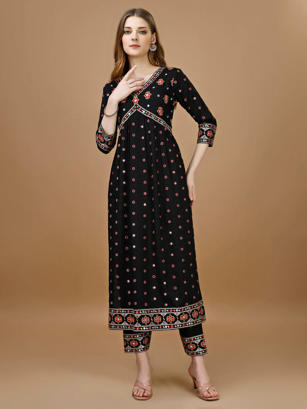 Alia Cut Mirror Embroidered Kurta With Embroidered Pant & Dupatta, Black - Hiral Fashion | Grocsy