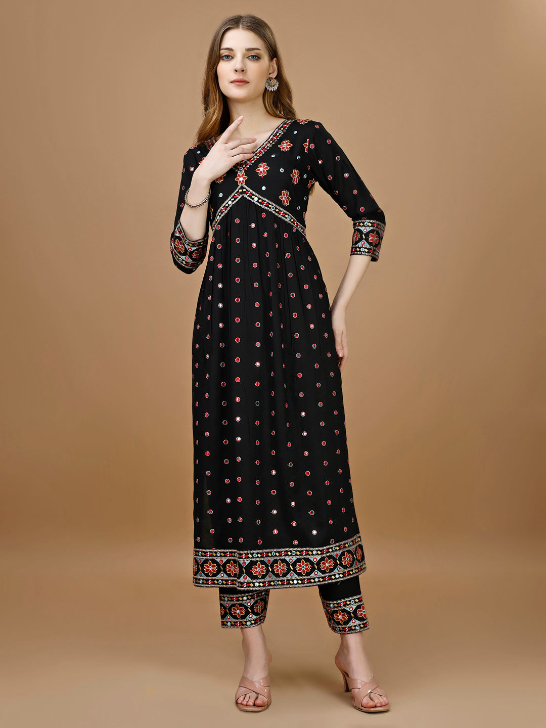 Alia Cut Mirror Embroidered Kurta With Embroidered Pant & Dupatta, Black - Hiral Fashion | Grocsy