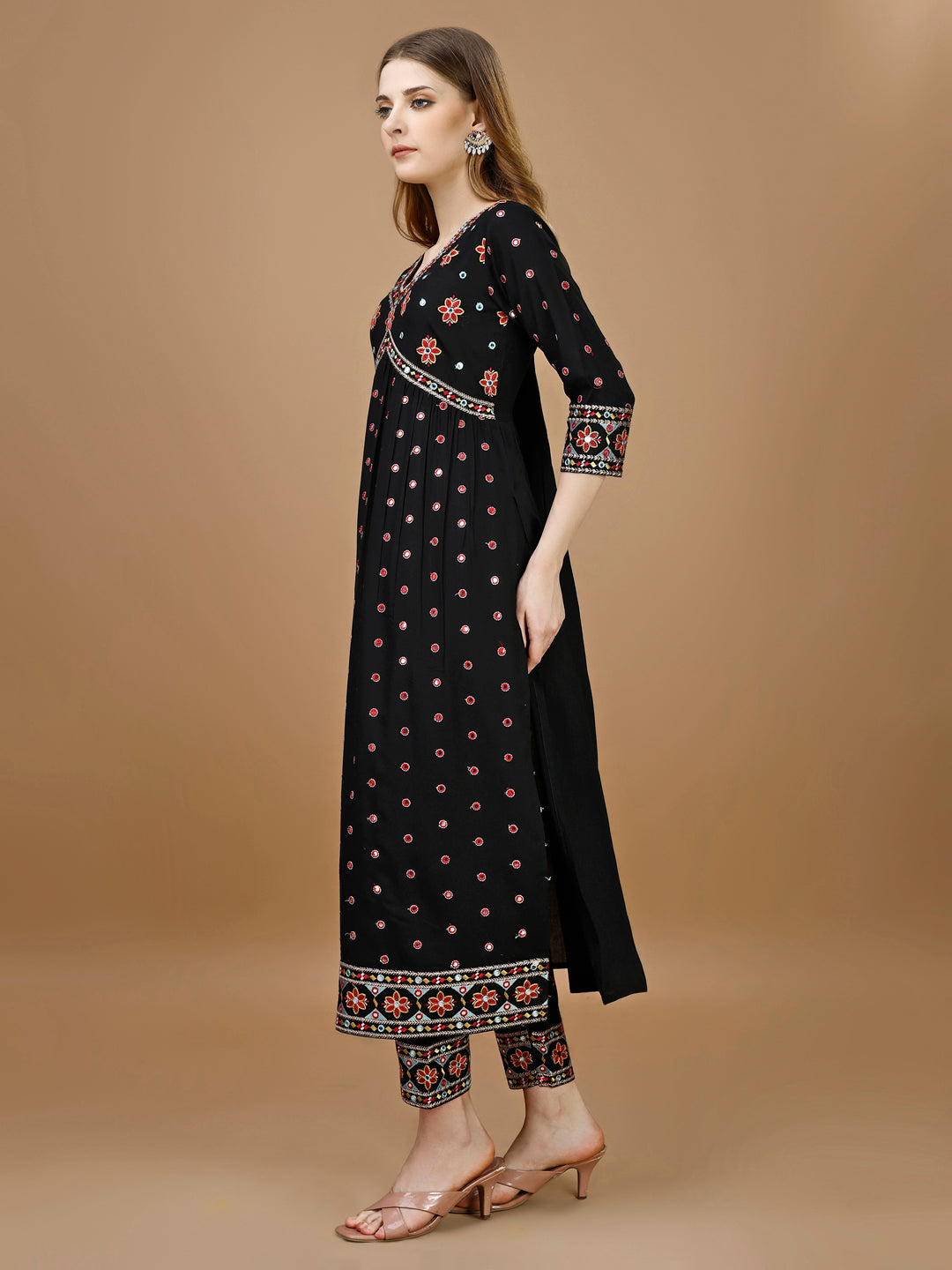 Alia Cut Mirror Embroidered Kurta With Embroidered Pant & Dupatta, Black - Hiral Fashion | Grocsy
