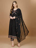Alia Cut Mirror Embroidered Kurta With Embroidered Pant & Dupatta, Black - Hiral Fashion | Grocsy