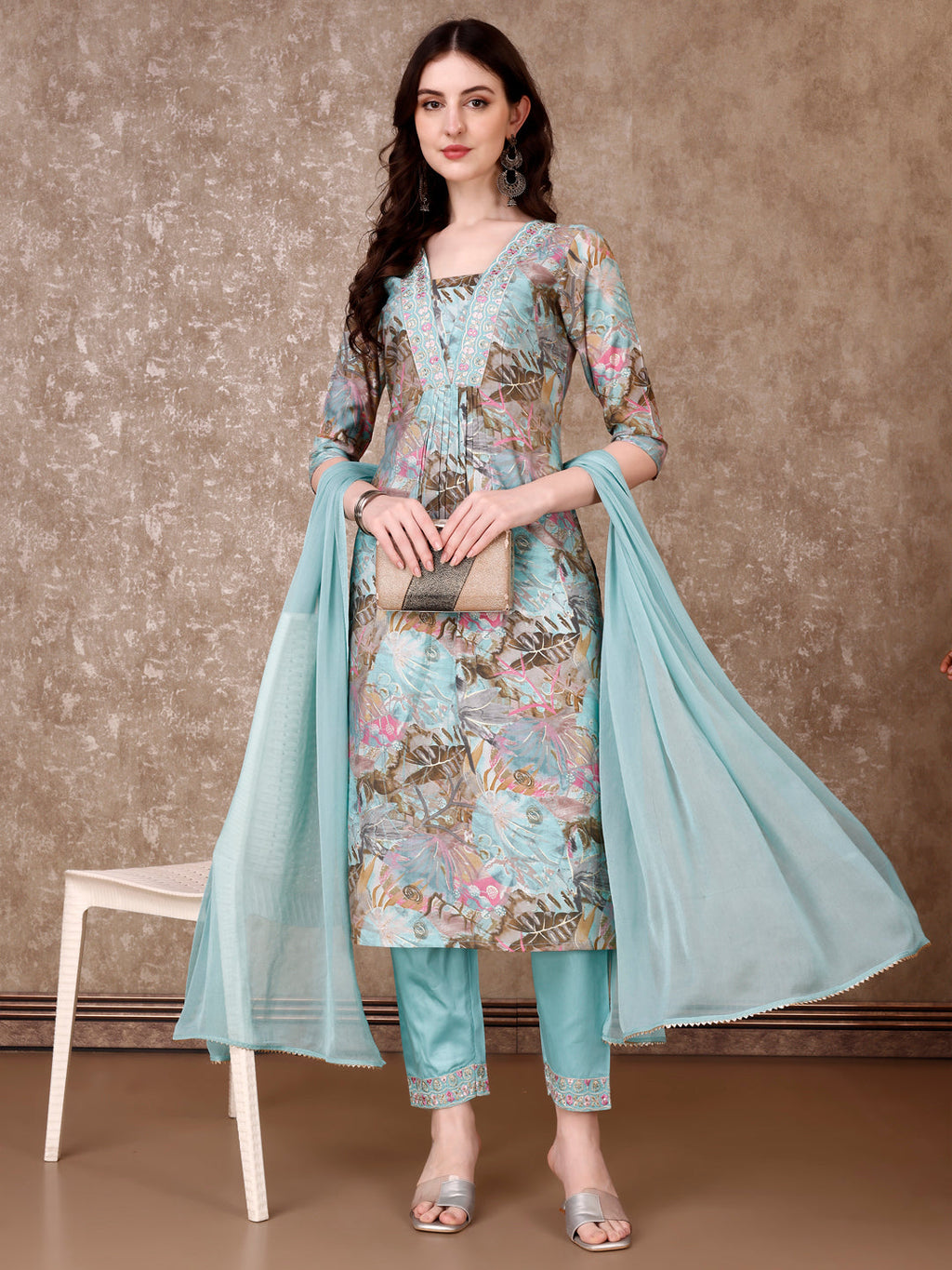 Embroidered & Floral Printed Kurta With Pant & Dupatta Premium Luxury, Multicolor - Hiral Fashion | Grocsy