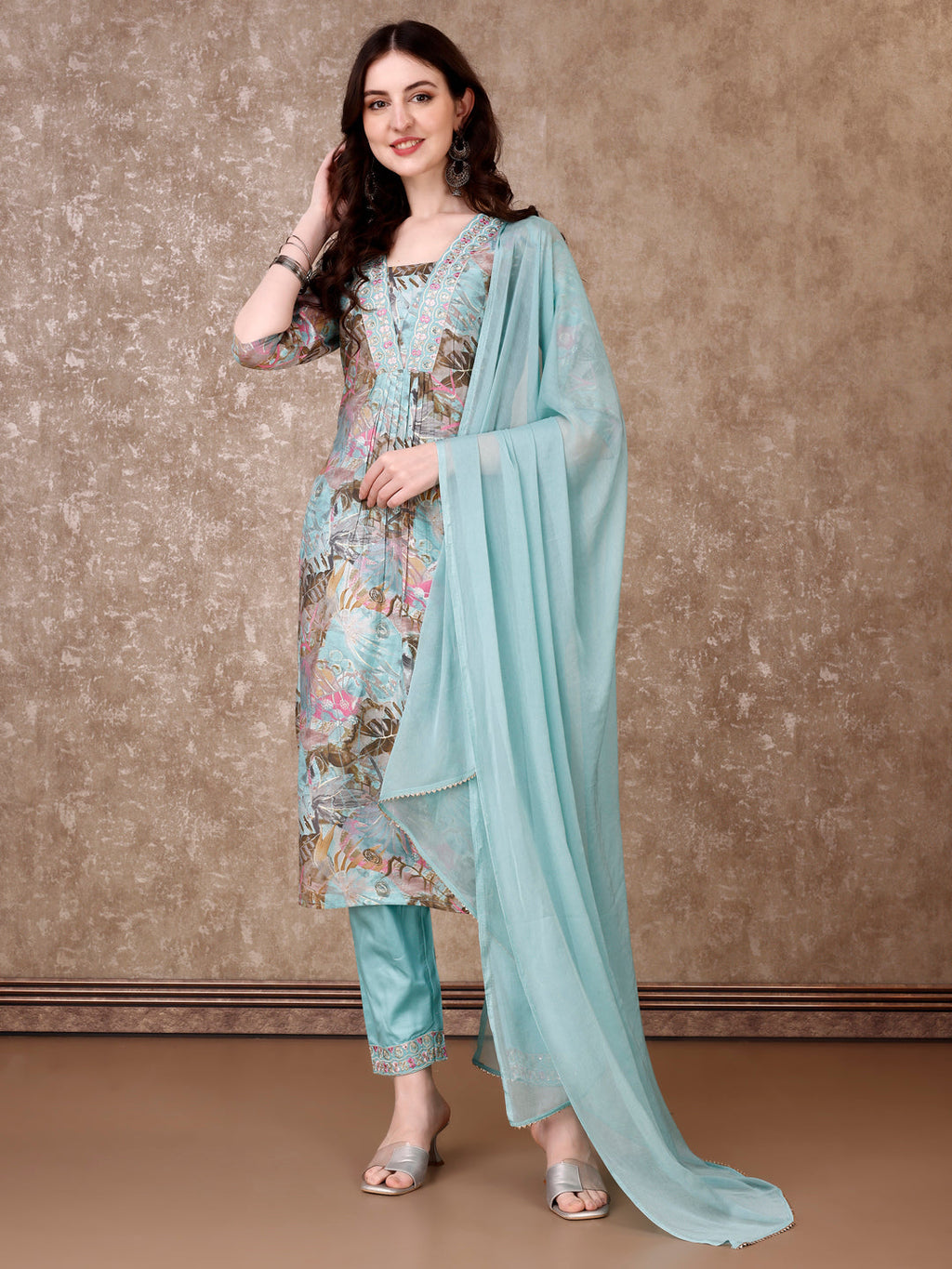 Embroidered & Floral Printed Kurta With Pant & Dupatta Premium Luxury, Multicolor - Hiral Fashion | Grocsy