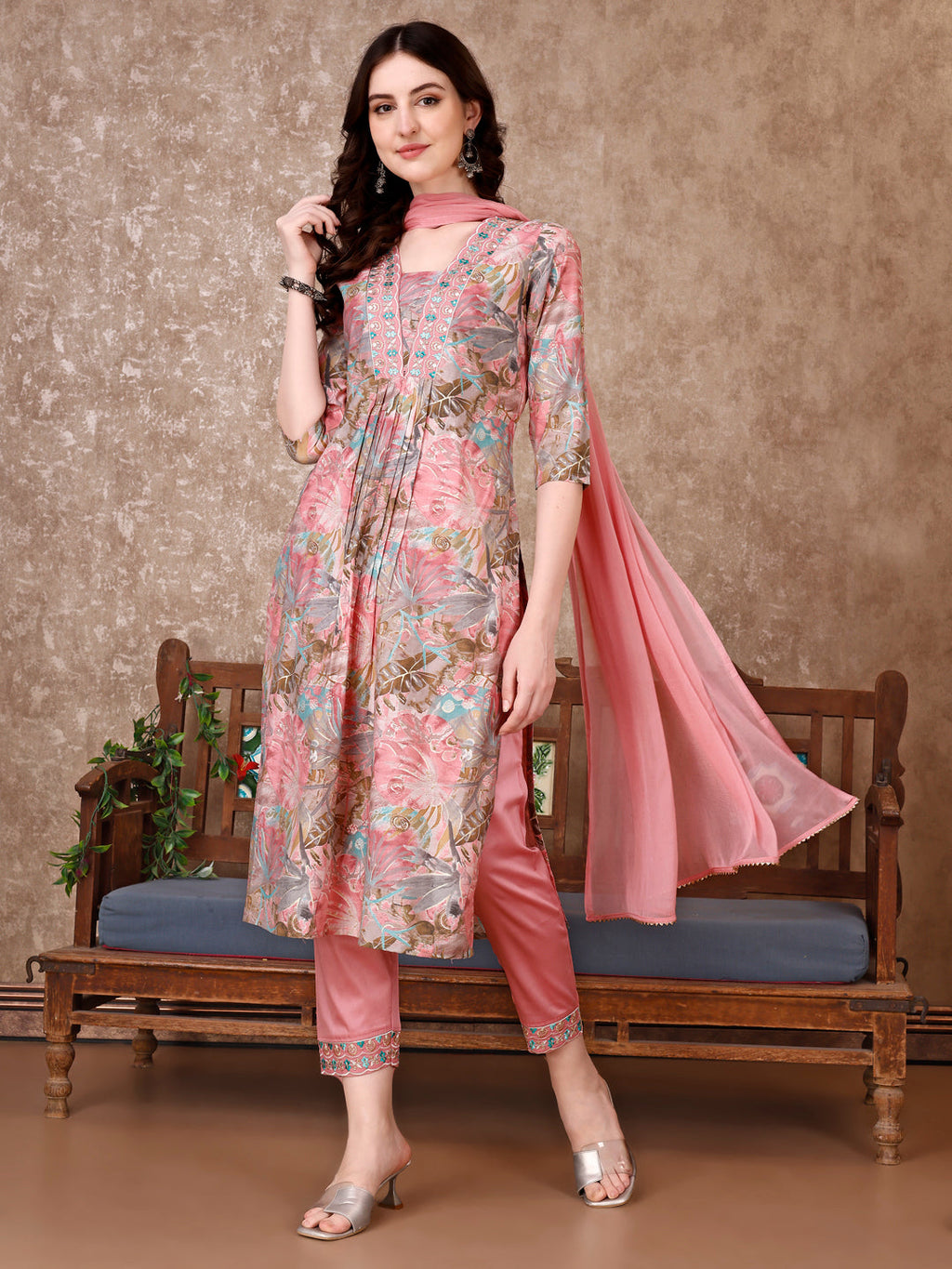 Embroidered & Floral Printed Kurta With Pant & Dupatta Premium Luxury, Multicolor - Hiral Fashion | Grocsy