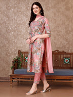 Embroidered & Floral Printed Kurta With Pant & Dupatta Premium Luxury, Multicolor - Hiral Fashion | Grocsy