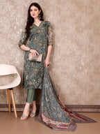 Hand Embroidered & Brasso Kurta With Pant & Organza Printed Dupatta, Green - Hiral Fashion | Grocsy