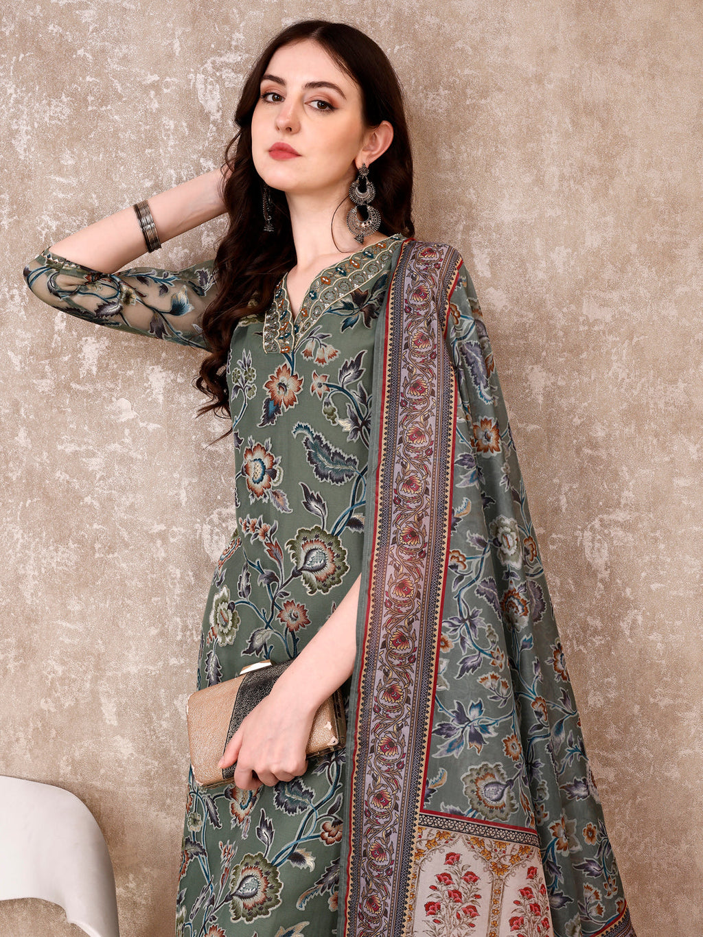 Hand Embroidered & Brasso Kurta With Pant & Organza Printed Dupatta, Green - Hiral Fashion | Grocsy
