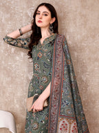 Hand Embroidered & Brasso Kurta With Pant & Organza Printed Dupatta, Green - Hiral Fashion | Grocsy