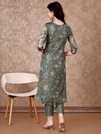 Hand Embroidered & Brasso Kurta With Pant & Organza Printed Dupatta, Green - Hiral Fashion | Grocsy