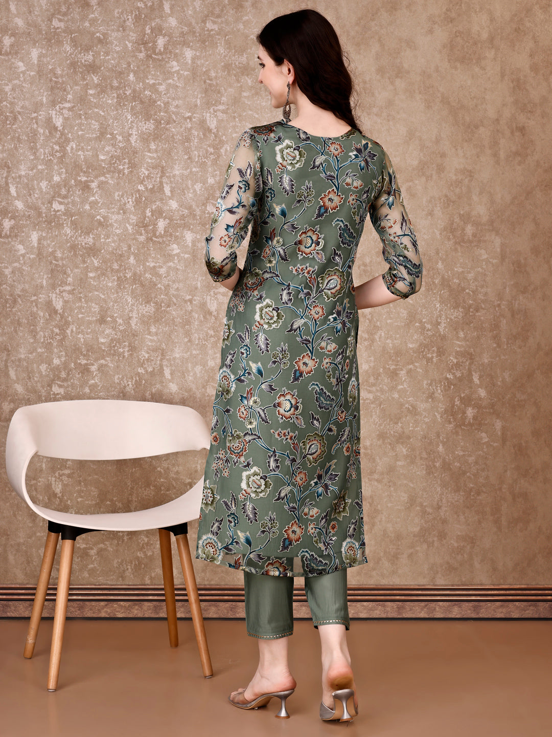 Hand Embroidered & Brasso Kurta With Pant & Organza Printed Dupatta, Green - Hiral Fashion | Grocsy