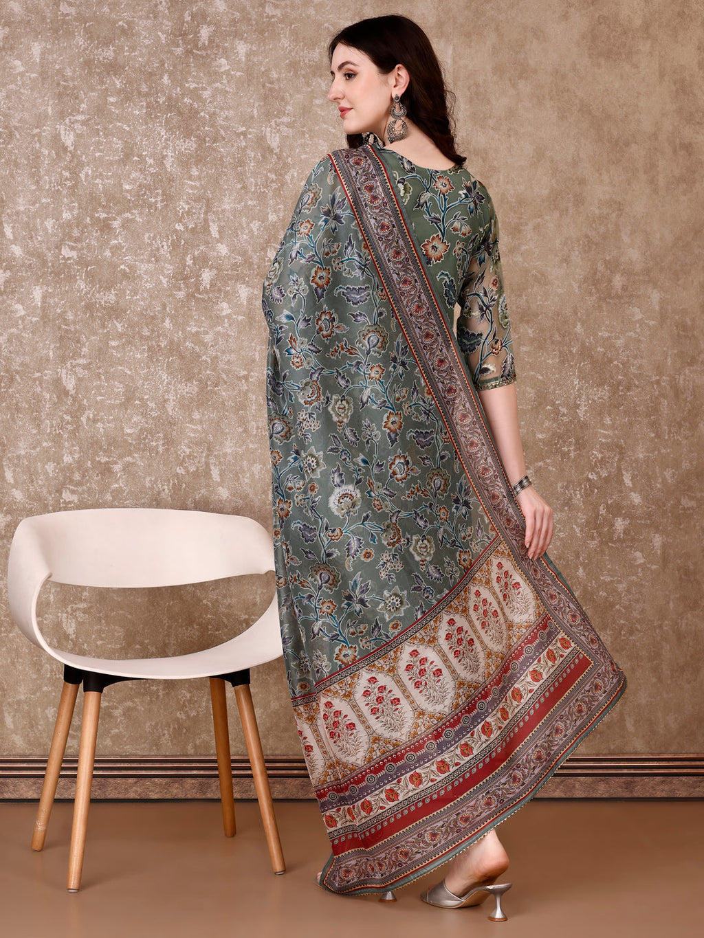Hand Embroidered & Brasso Kurta With Pant & Organza Printed Dupatta, Green - Hiral Fashion | Grocsy