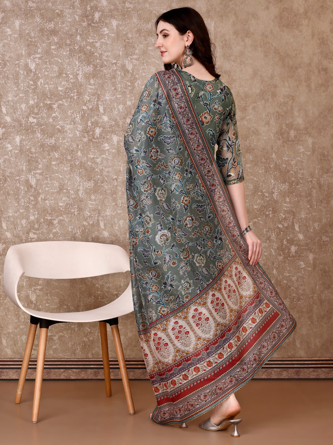 Hand Embroidered & Brasso Kurta With Pant & Organza Printed Dupatta, Green - Hiral Fashion | Grocsy