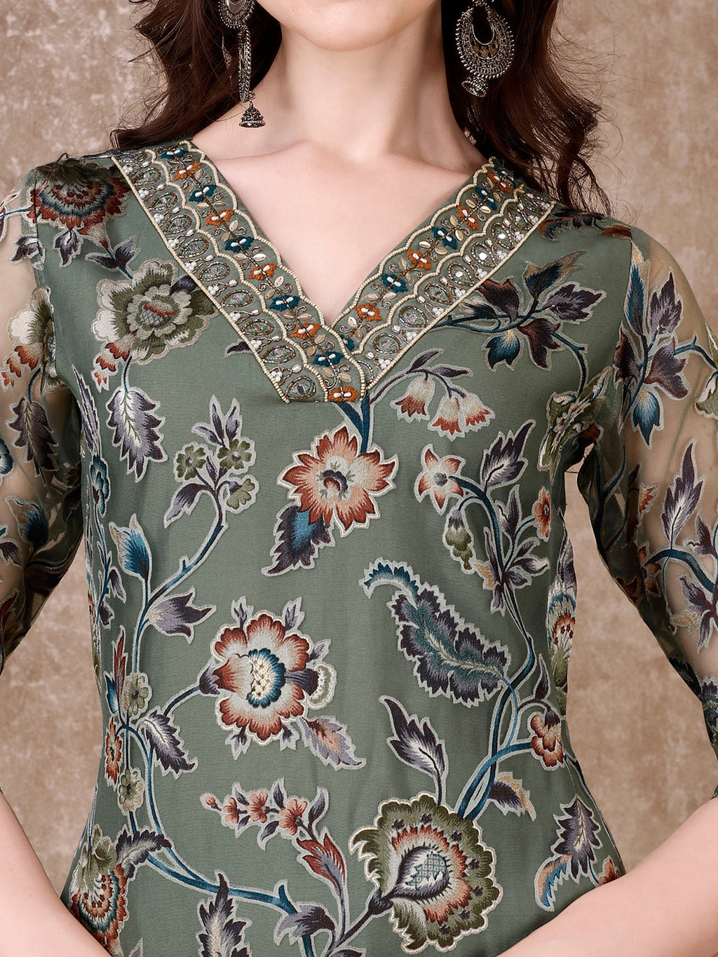 Hand Embroidered & Brasso Kurta With Pant & Organza Printed Dupatta, Green - Hiral Fashion | Grocsy