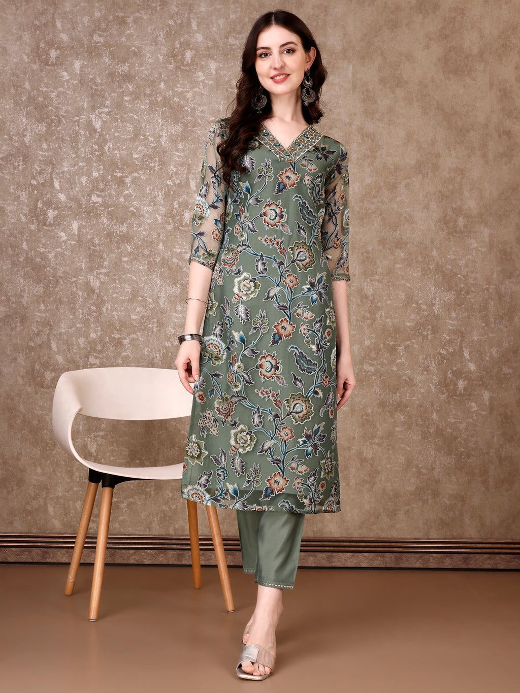 Hand Embroidered & Brasso Kurta With Pant & Organza Printed Dupatta, Green - Hiral Fashion | Grocsy