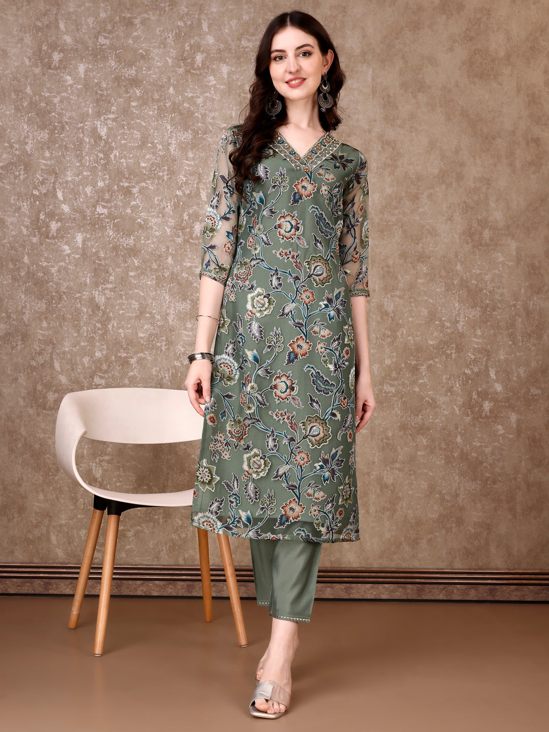 Hand Embroidered & Brasso Kurta With Pant & Organza Printed Dupatta, Green - Hiral Fashion | Grocsy