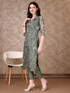 Hand Embroidered & Brasso Kurta With Pant & Organza Printed Dupatta, Green - Hiral Fashion | Grocsy