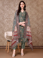 Hand Embroidered & Brasso Kurta With Pant & Organza Printed Dupatta, Green - Hiral Fashion | Grocsy