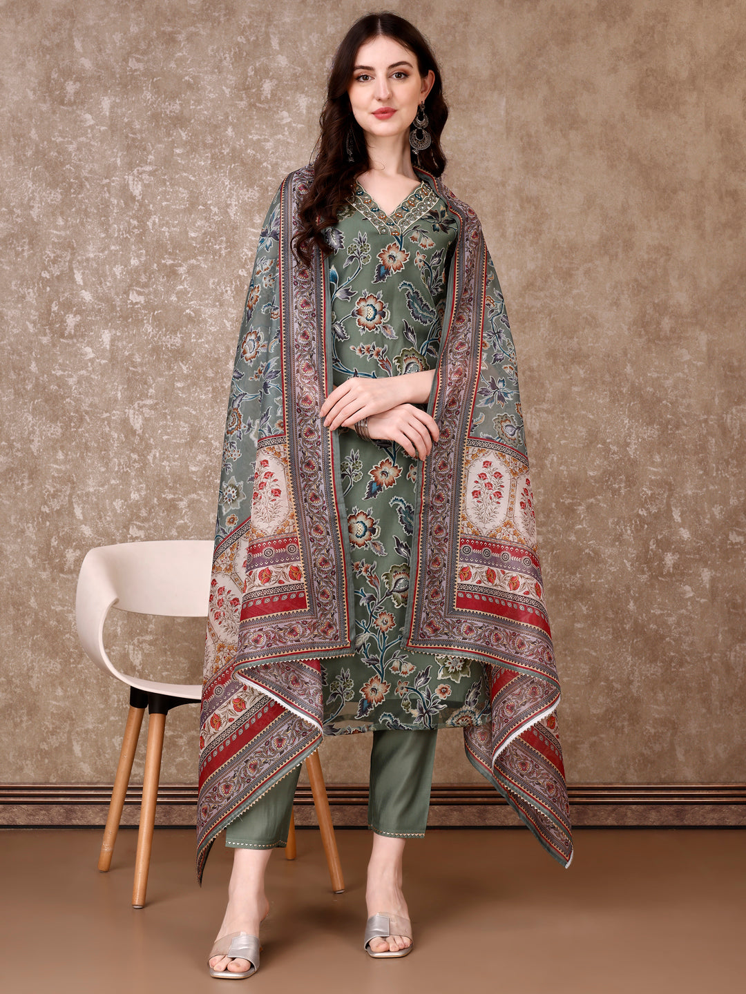 Hand Embroidered & Brasso Kurta With Pant & Organza Printed Dupatta, Green - Hiral Fashion | Grocsy